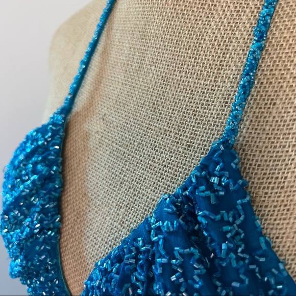 Scala Turquoise Blue Beaded Halter Neck Double Split Formal Gown - Picture 5 of 16